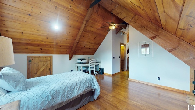 bedroom with vaulted ceiling with beams, wood ceiling, ceiling fan, and wood-type flooring