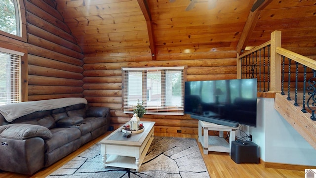 living room with lofted ceiling with beams, light hardwood / wood-style floors, wooden ceiling, and a wealth of natural light