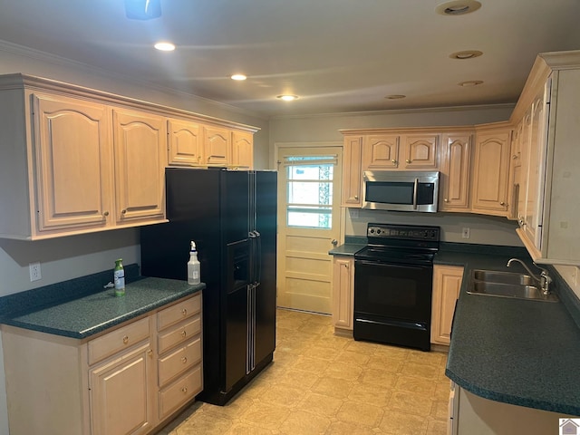 kitchen with black appliances, light brown cabinets, crown molding, and sink