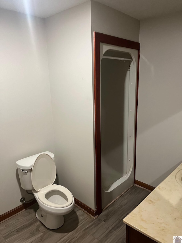 bathroom featuring vanity, hardwood / wood-style flooring, and toilet