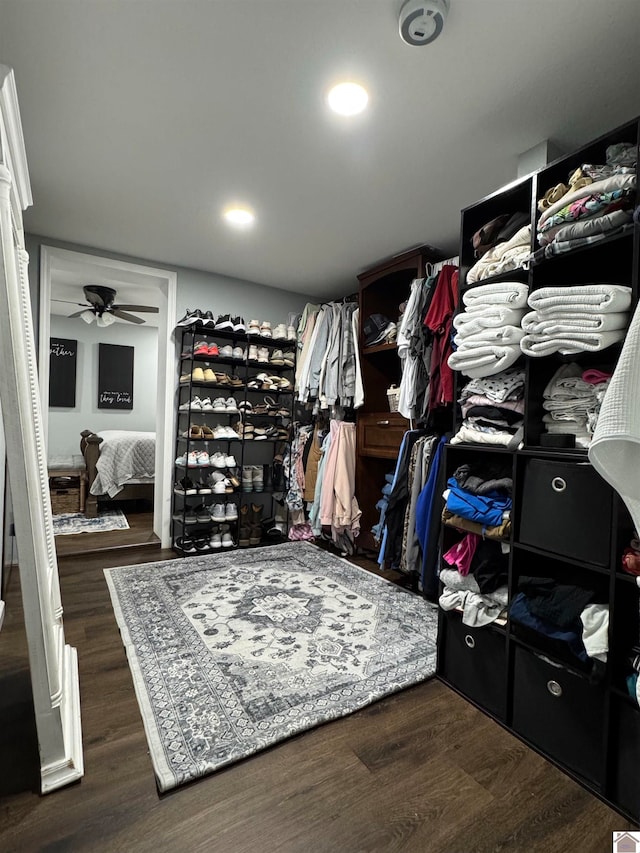 walk in closet featuring dark wood-type flooring and ceiling fan