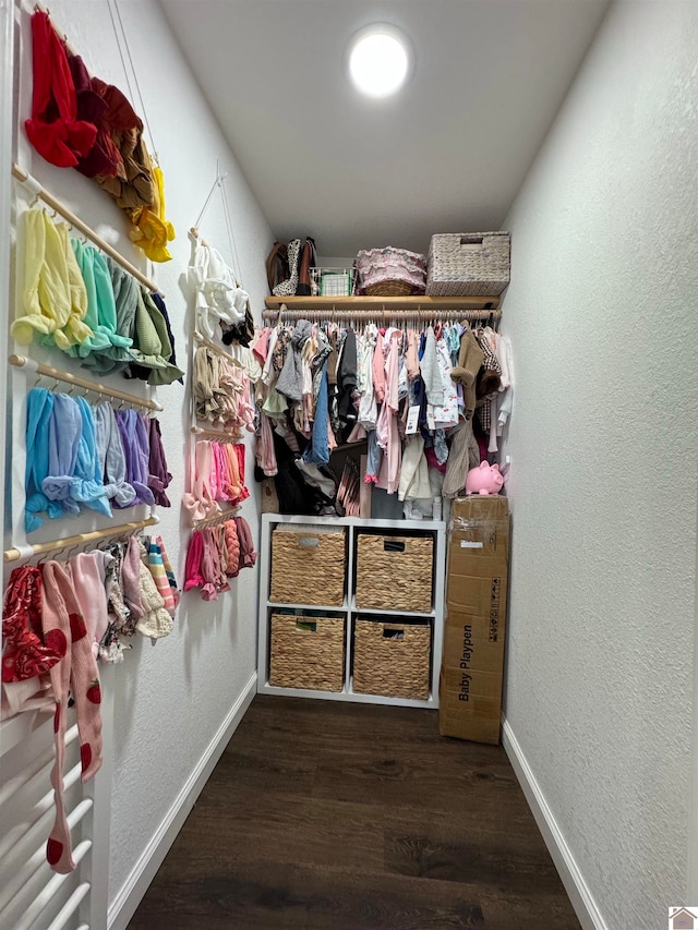 spacious closet with dark hardwood / wood-style flooring