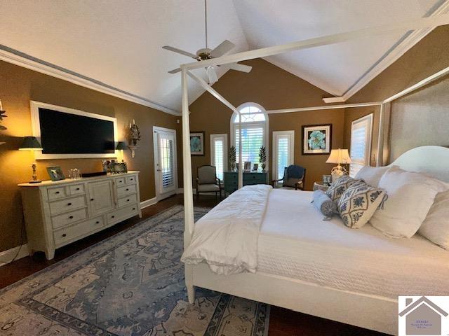 bedroom featuring dark hardwood / wood-style flooring, ceiling fan, and high vaulted ceiling