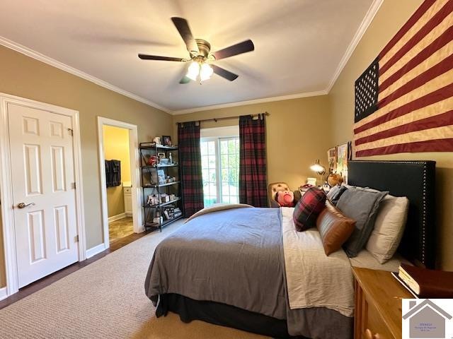 bedroom featuring ornamental molding and ceiling fan