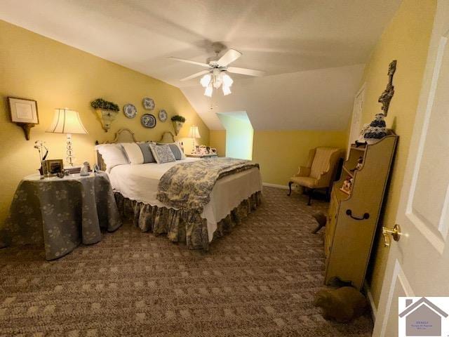 carpeted bedroom with lofted ceiling and ceiling fan