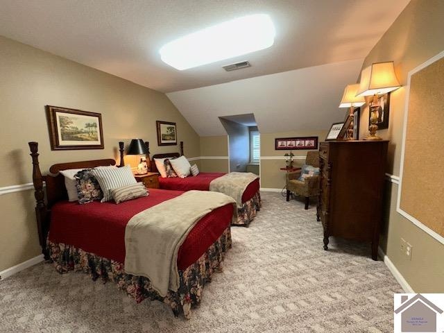 carpeted bedroom featuring vaulted ceiling