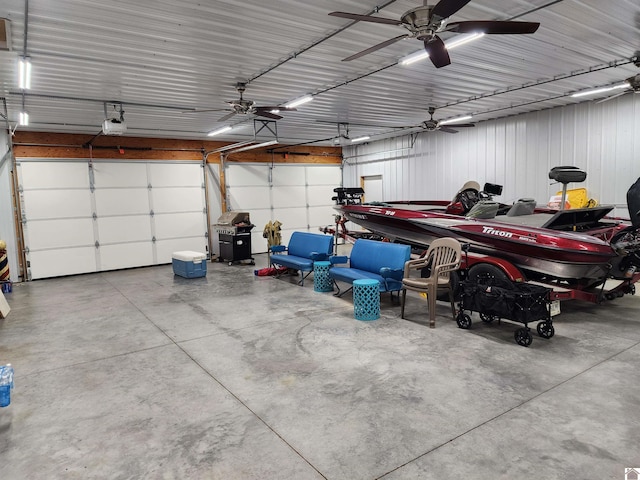 garage featuring a garage door opener and ceiling fan