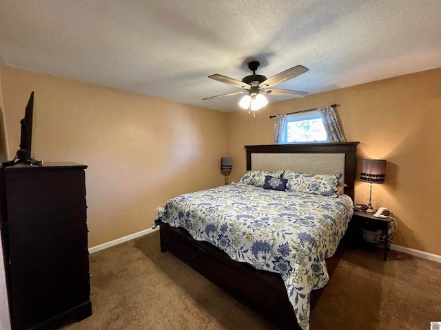 bedroom with dark colored carpet, ceiling fan, and a textured ceiling