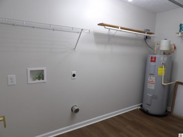 laundry room with hookup for a washing machine, electric water heater, dark hardwood / wood-style flooring, and hookup for an electric dryer