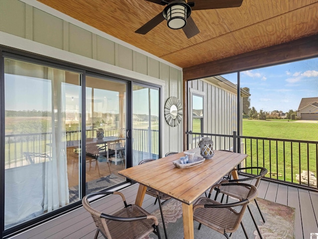 sunroom featuring ceiling fan and wooden ceiling