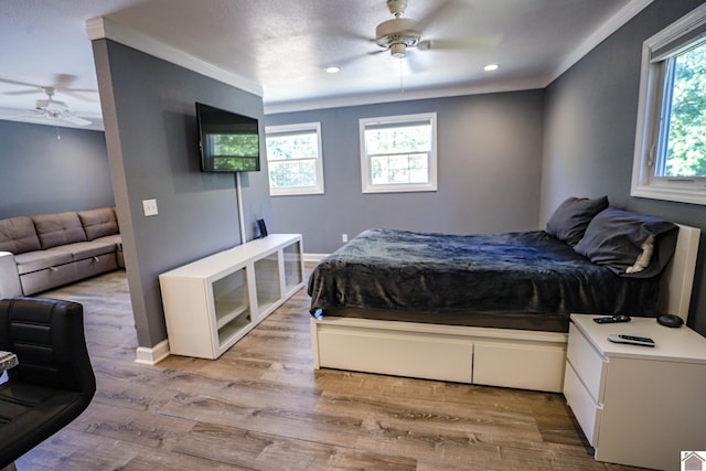 bedroom featuring ceiling fan, light hardwood / wood-style flooring, and crown molding