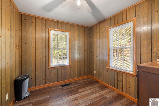 spare room with wood walls, dark wood-type flooring, and a wealth of natural light