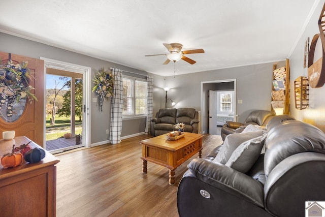 living room with light hardwood / wood-style floors, ceiling fan, and crown molding