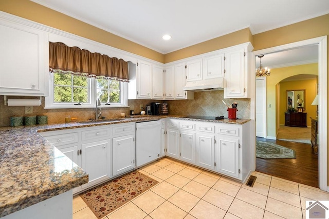 kitchen with light hardwood / wood-style floors, custom range hood, sink, white dishwasher, and white cabinets