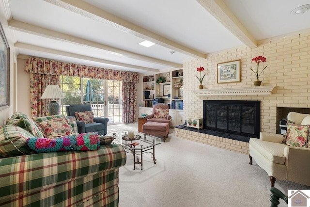 carpeted living room with a fireplace and beam ceiling