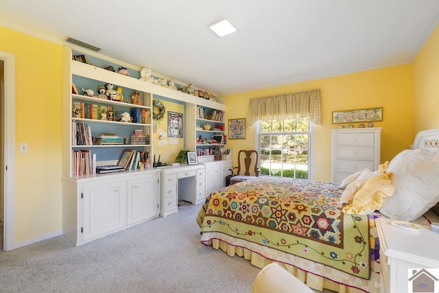 bedroom with light carpet and crown molding