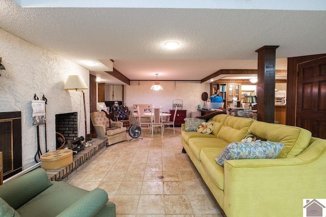 living room featuring a textured ceiling