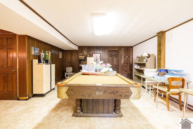 recreation room featuring billiards and wooden walls