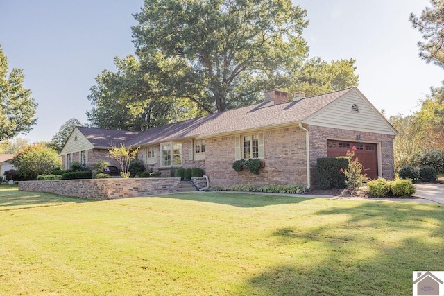 ranch-style house with a front yard and a garage