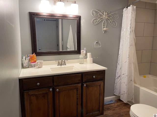 full bathroom with toilet, vanity, shower / bath combination with curtain, and wood-type flooring