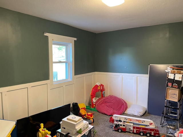 rec room with carpet floors and a textured ceiling