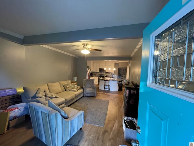 living room with crown molding, hardwood / wood-style flooring, and ceiling fan