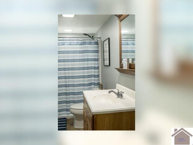 bathroom featuring a shower with shower curtain, vanity, and toilet