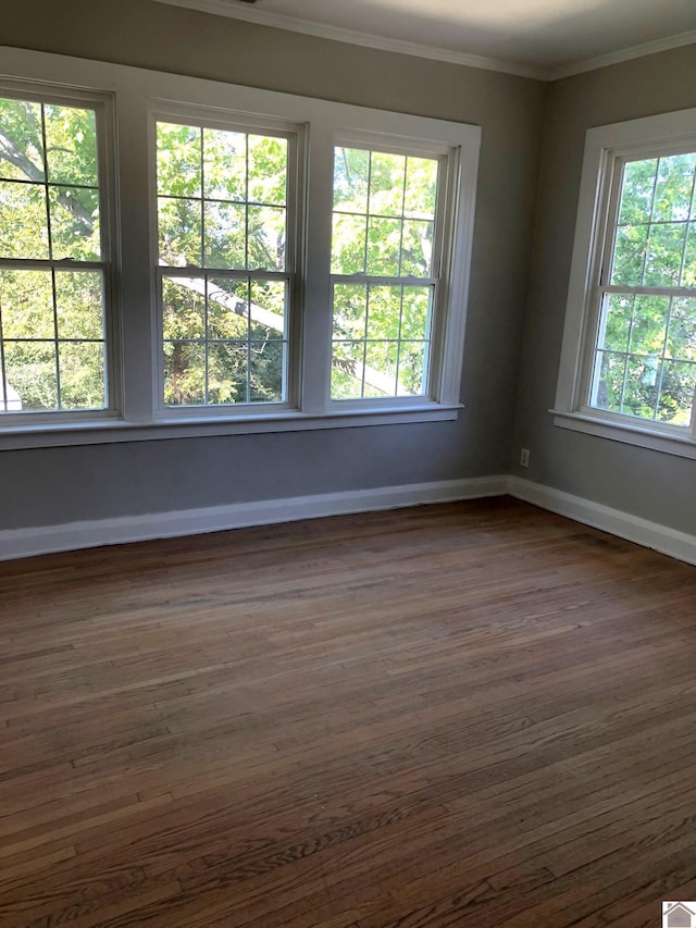 unfurnished room featuring ornamental molding, a healthy amount of sunlight, and dark hardwood / wood-style flooring