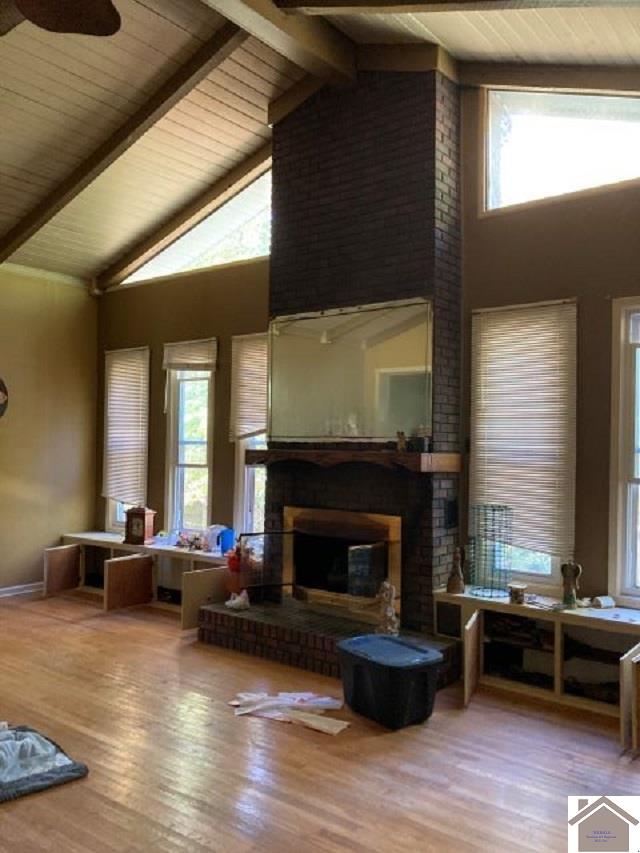 living room featuring beamed ceiling, hardwood / wood-style flooring, a fireplace, and a healthy amount of sunlight