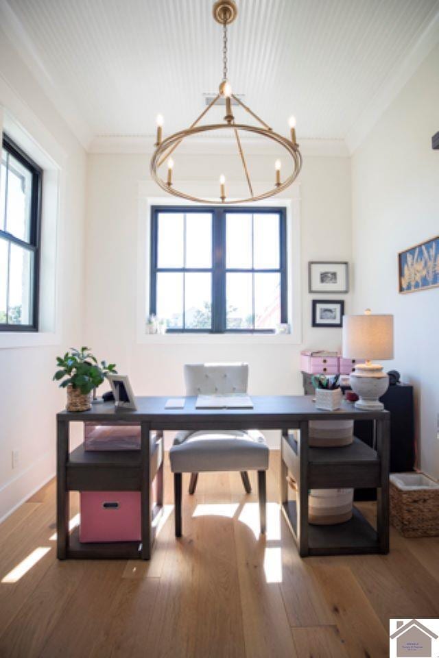 office space featuring ornamental molding, plenty of natural light, and hardwood / wood-style floors