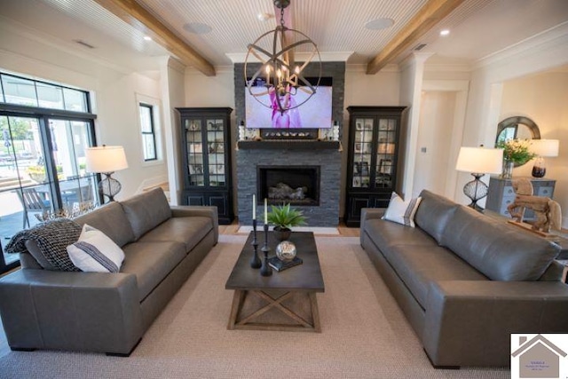 living room with beamed ceiling, crown molding, wood ceiling, a notable chandelier, and a fireplace