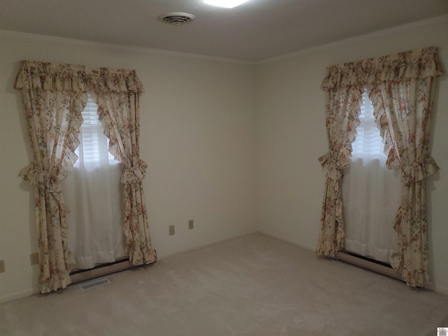 carpeted spare room featuring ornamental molding