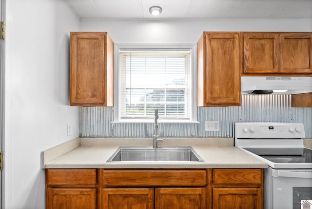 kitchen with sink and white range