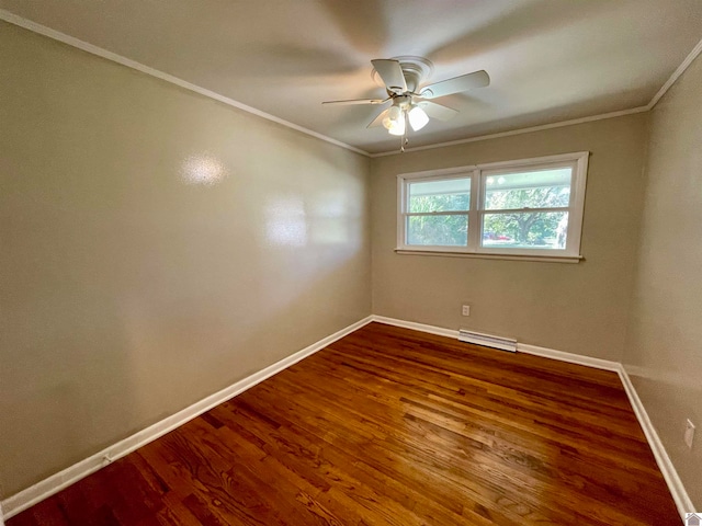 unfurnished room with ornamental molding, hardwood / wood-style flooring, and ceiling fan