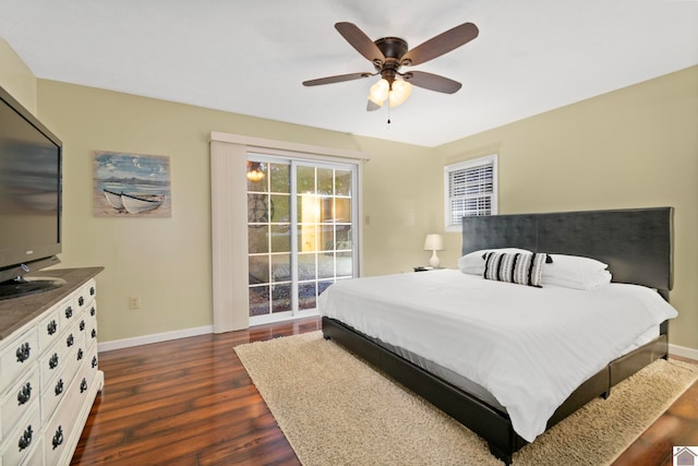 bedroom with ceiling fan and dark hardwood / wood-style flooring