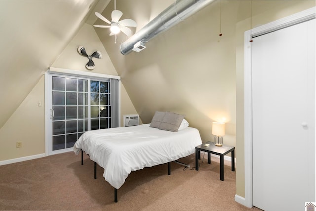 bedroom with light carpet, vaulted ceiling, and ceiling fan