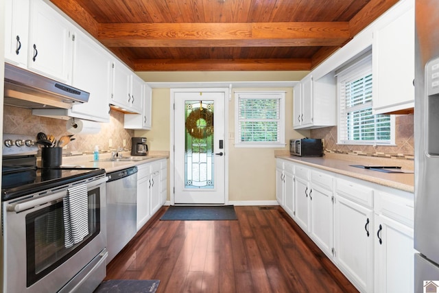 kitchen with beam ceiling, white cabinetry, and stainless steel appliances