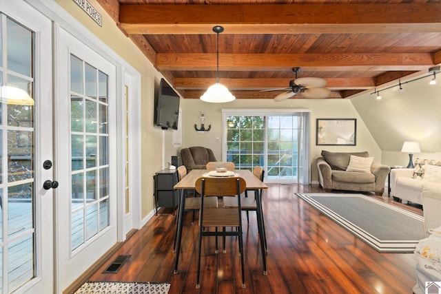 dining room with ceiling fan, lofted ceiling with beams, dark hardwood / wood-style flooring, and wood ceiling