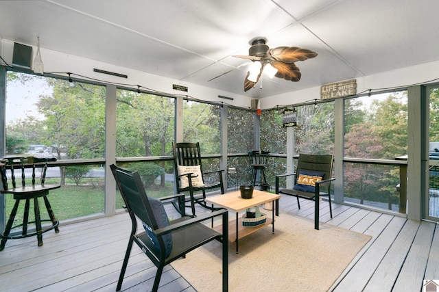 sunroom / solarium with plenty of natural light and ceiling fan