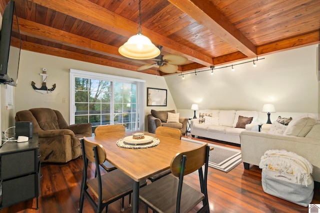 dining room featuring beam ceiling, dark hardwood / wood-style flooring, wood ceiling, and ceiling fan