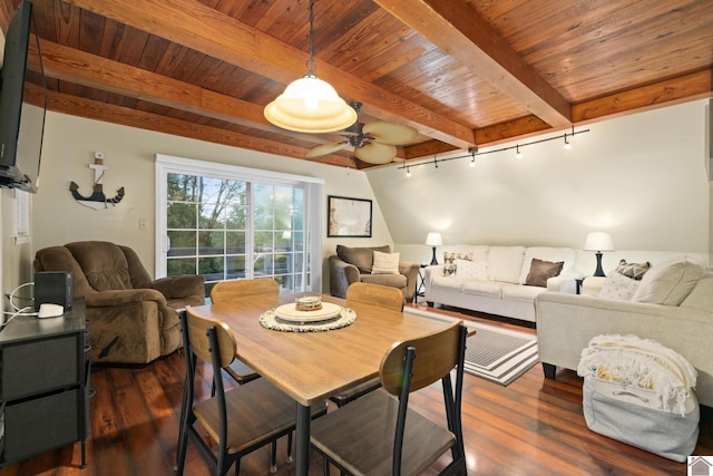1405 Goose Holw, Cadiz, KY 42211 - dining room featuring wooden ceiling with exposed beams, wood finished floors, a ceiling fan, and track lighting