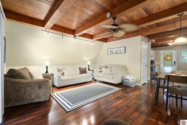 1405 Goose Holw, Cadiz, KY 42211 - living area featuring wooden ceiling with exposed beams, dark wood-style floors, a ceiling fan, rail lighting, and baseboards