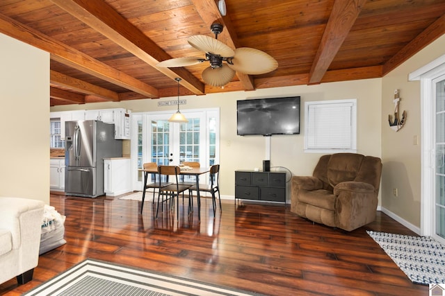 living room featuring wood ceiling, beamed ceiling, dark hardwood / wood-style floors, and ceiling fan