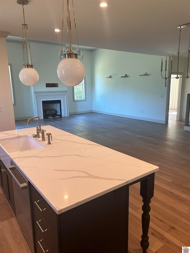 kitchen with stainless steel dishwasher, sink, hanging light fixtures, and dark hardwood / wood-style flooring