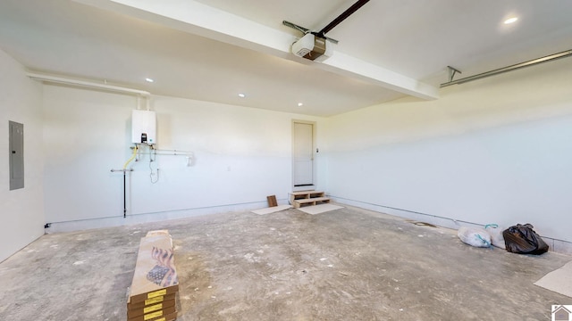 garage with a garage door opener, electric panel, and water heater