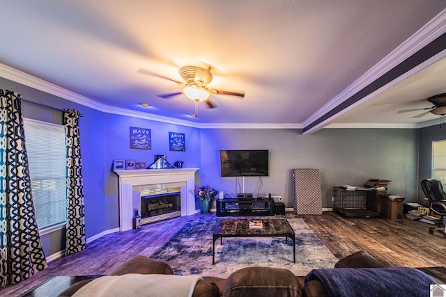 living room with crown molding, wood-type flooring, a tile fireplace, and ceiling fan