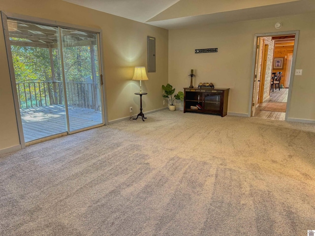 carpeted living room featuring electric panel