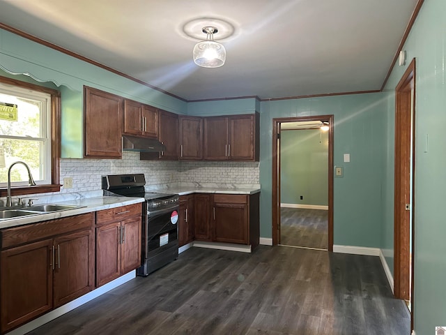 kitchen featuring tasteful backsplash, electric range, dark hardwood / wood-style flooring, ornamental molding, and sink