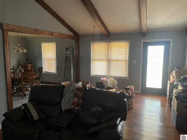 living room with lofted ceiling with beams, a textured ceiling, and wood-type flooring