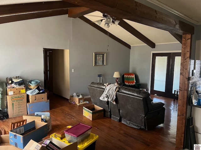 living room featuring ceiling fan, vaulted ceiling with beams, and dark hardwood / wood-style flooring